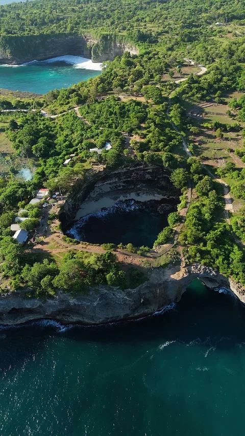Breathtaking Broken Beach Circular Cove and Cliffs Aerial View 4K Видео 340579667