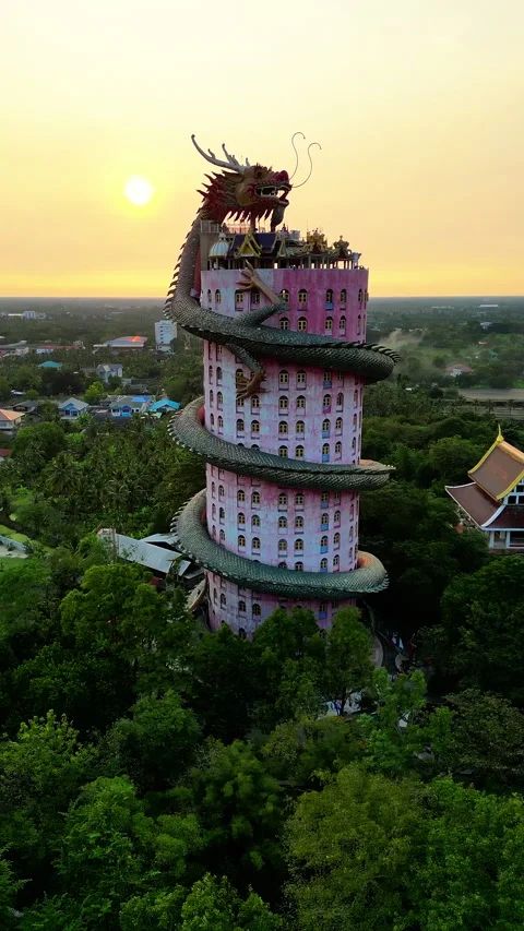 Breathtaking Buddhist Dragon Temple Wat Samphran Thailand Aerial Stock Footage 338415734