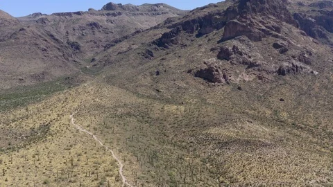 Breathtaking drone clip with view blue skies, desert mountain green cactus and Stock Footage 109503300