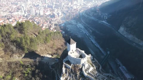 A breathtaking drone flight soaring over a mysterious ancient fortress Stock Footage 329614582