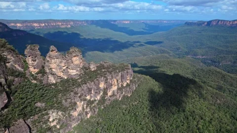 A breathtaking drone shot captures Blue Mountains National Parks iconic Three Stock Footage 307522281