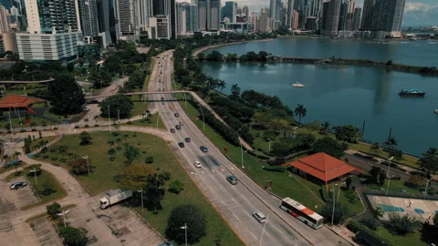 Breathtaking drone views of cinta costera in panama city at sunset Stock Footage 321446493