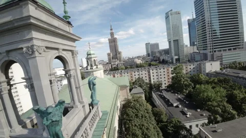 Breathtaking FPV Drone Flight Over Warsaws Cityscape and the Palace of Culture Stock Footage 282247103