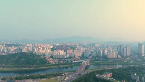 Breathtaking Golden Hour Sunset over Seoul Forest and Han River Video stock 329396830