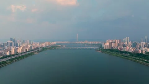 Breathtaking Golden Hour Sunset over Seoul Forest and Han River Stock Footage 329397448