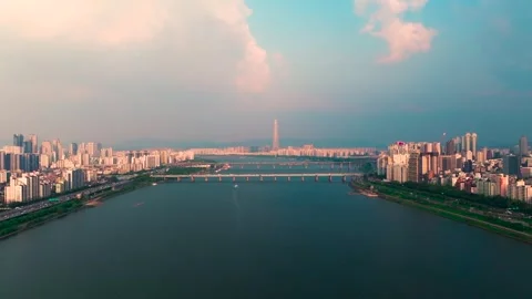 Breathtaking Golden Hour Sunset over Seoul Forest and Han River Stock Footage 329397498