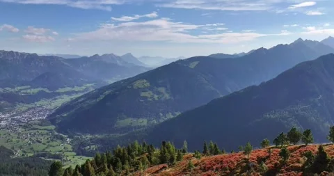 Breathtaking Mountain and Valley Panorama from a Summit Stock Footage 346730176