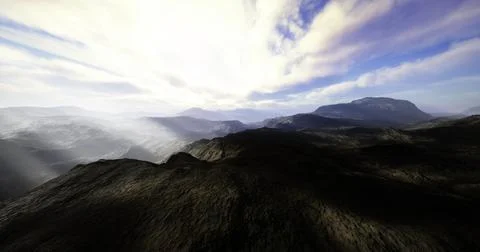 Breathtaking mountain landscape with dramatic clouds and sunlight Stock Illustration