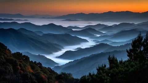 Breathtaking Mountain Range at Dawn with Layers of Mist 4K Stock Footage 332134669