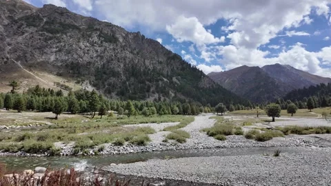 Breathtaking Mountain Range with River lowing through Lush Green Landscape,  Stock Footage 287999789