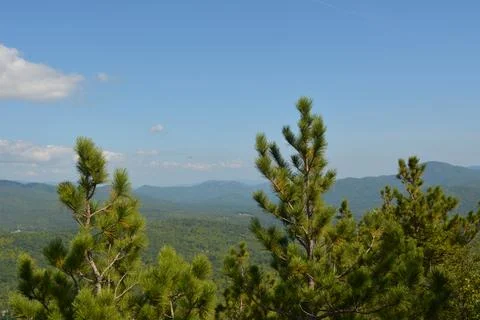 Breathtaking Mountain View Under a Clear Blue Sky With Lush Green Trees Stock Photos