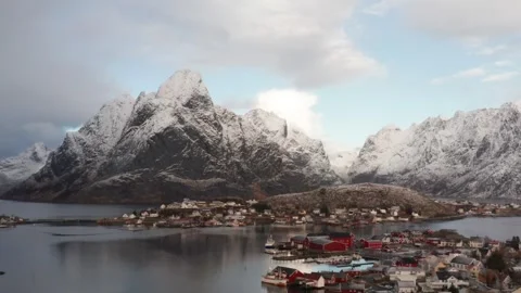 Breathtaking mountain views over a snowy village in Norway Stock Footage 320293408