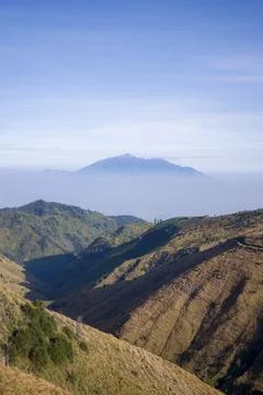 Breathtaking panorama of Mount Arjuno towering above a sea of morning mist. Stock Photos