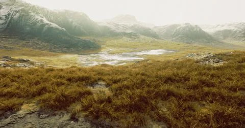 Breathtaking panoramic view of a rugged mountain landscape bathed in sunlight Illustrazione stock