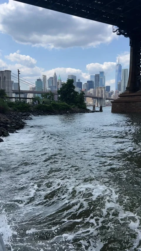 Breathtaking Scenic River Views Under the Bridge with Majestic City Skyline in Stock-Footage 307375927