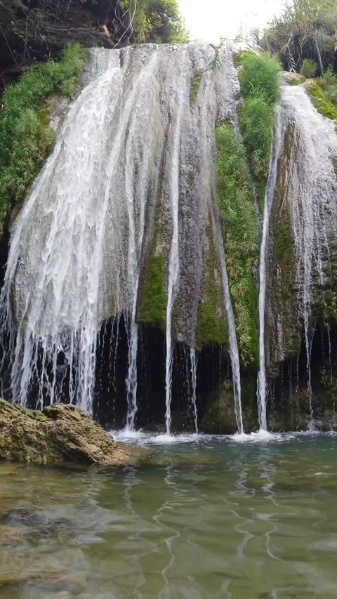 Breathtaking Summer View Of Waterfall - Vertical Footage Stock Footage 343439483