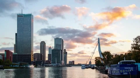 Breathtaking Sunset Scene Over Rotterdam Harbor with Boats and City View 스톡 동영상 312929616