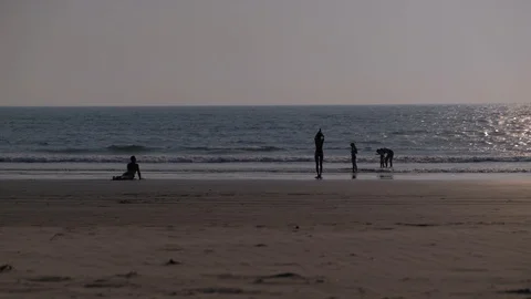Breathtaking sunset at a wide beach with activity of walk, stroll, yoga Stock Footage 106067731