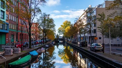 Breathtaking timelapse of a canal in The Hague on a cloudy day Stock Footage 312930682
