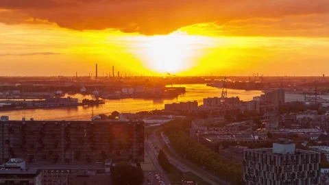 Breathtaking Timelapse of Rotterdam's Sunset Over Fall Landscape Stock Footage 312931087