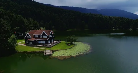 Breathtaking top view of old cottage lake house in Bolu Turkey Stock Footage 127543478