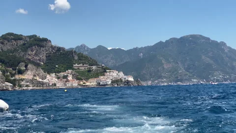 Breathtaking view from the aft deck of luxury yacht on amazing rock hills while Stock Footage 318646818