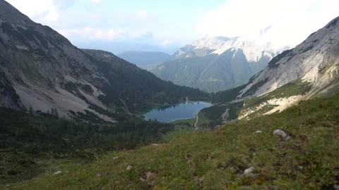 Breathtaking view from the hiking trail to alpine landscape with Seebensee and Z Stock Footage 141109185