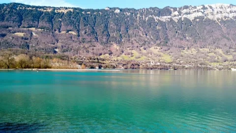 Breathtaking view of the Lake Brienz. Turquoise calm water, majectic alps Stock Footage 150070053