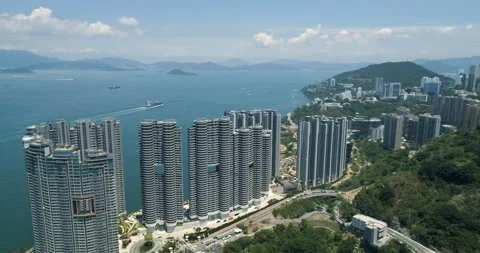 Breathtaking view of modern skyscraper buildings In Hong Kong. Aerial Overhead Stock Footage 112134208