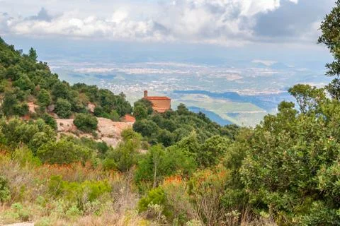 Breathtaking view to Montserrat mountain range on a sunny summer day, Catalon Stock Photos