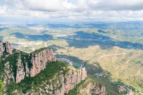 Breathtaking view to Montserrat mountain range on a sunny summer day, Catalon Stock Photos