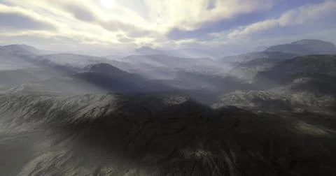 Breathtaking view of mountains with dramatic clouds and sun rays in the sky Stock Illustration