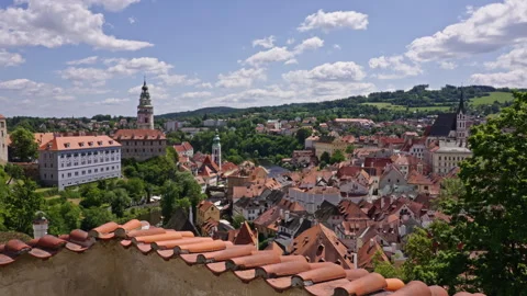 Breathtaking View Over Český Krumlov’s Rooftops and Castle Stock Footage 313386827