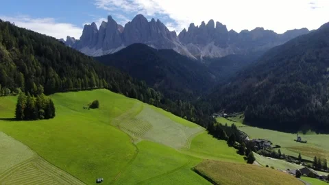 Breathtaking View Over Green Alpine Meadows and Forest in Val di Funes near Stock Footage 340924858