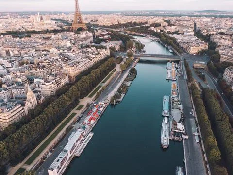 Breathtaking view of Paris skyline with the Eiffel Tower and Seine river Stock Photos