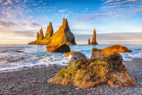Breathtaking view of rock formations Troll Toes on Black beach Reynisfjara .. Stock Photos