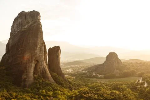 Breathtaking view of rocks of Meteora at sunset, Greece. Stock Photos
