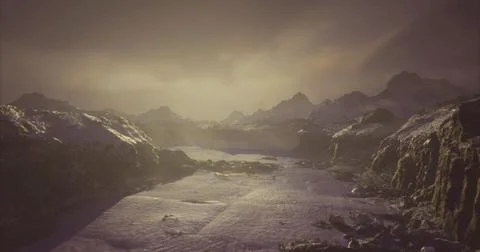 Breathtaking view of rugged mountain landscape during twilight hours 스톡 일러스트