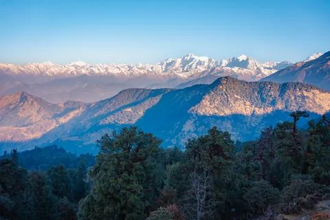 A breathtaking view of snow-capped mountains near Tungnath temple in Uttarakh Stock Photos