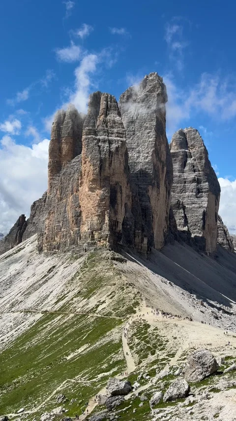 Breathtaking view of Tre Cime di Lavaredo on the circular trail in the Dolomites Stock-Footage 333758581