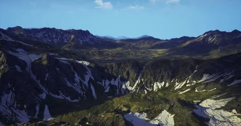 Breathtaking view of a vast mountain range with sharp peaks and lush valleys Stock Illustration