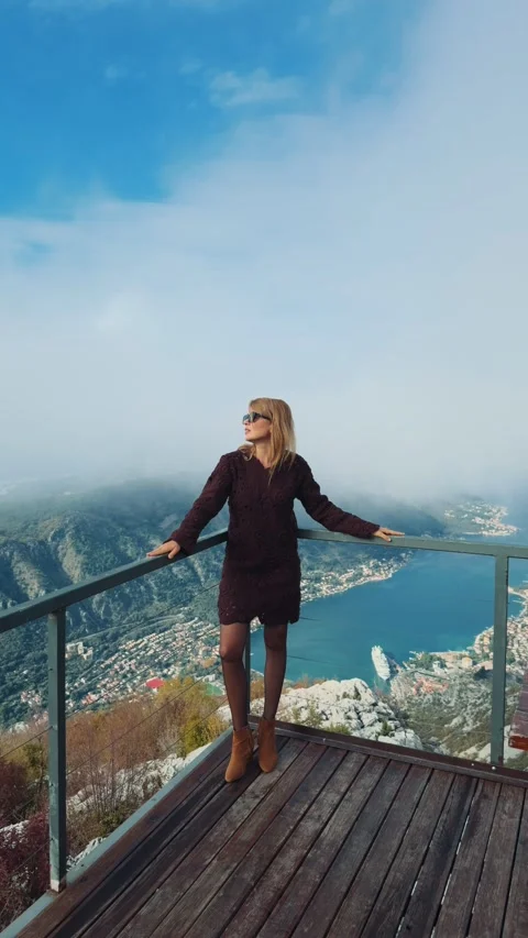 Breathtaking views from mountain top overlooking coastal city Kotor in Stock Footage 296188951