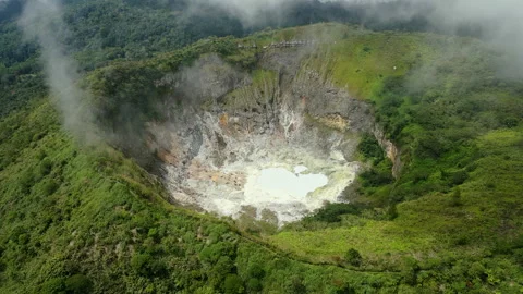 Breathtaking Volcanic Lake with Clouds Mount Mahawu Aerial Shot Stock Footage 339853749
