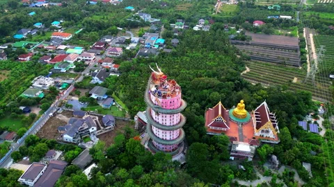 Breathtaking Wat Samphran Dragon Tower Sunset Aerial View Видео 338165095
