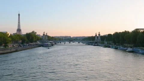 A breathtaking wide-angle view of the Seine River at twilight, capturing the his Stock Footage 336178567
