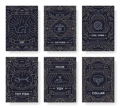 Breed cats  thin line brochure cards set. Animal traditional template of flyea Stock Illustration