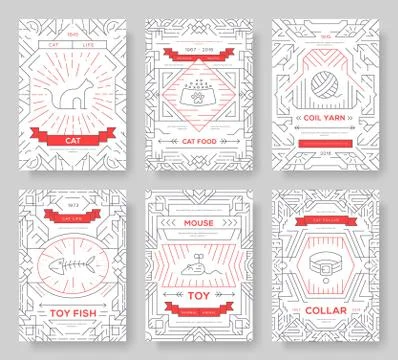 Breed cats thin line brochure cards set. Animal traditional template of flyear Stock Illustration
