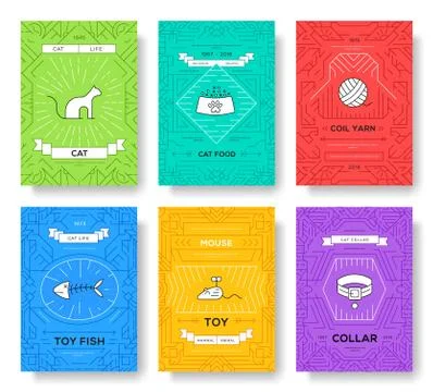 Breed cats thin line brochure cards set. Animal traditional template of flyear Stock Illustration