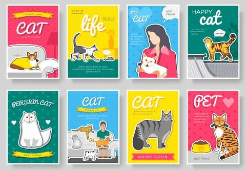 Breed cats thin line brochure cards set. Animal traditional template of flyear Stock Illustration