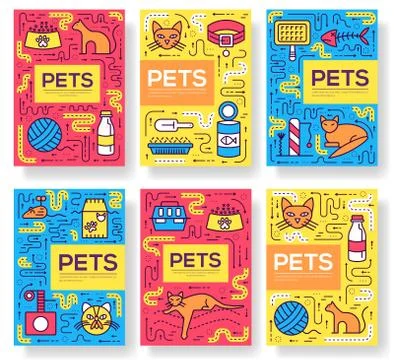 Breed cats vector brochure cards thin line set. Cute animal template of flyear Stock Illustration
